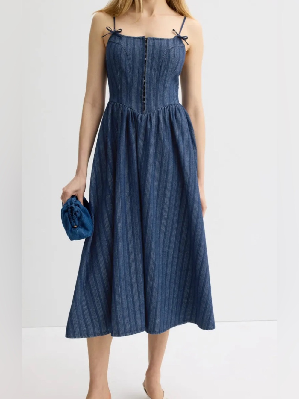 Moon River Blue Striped Midi Dress with Corset Bodice